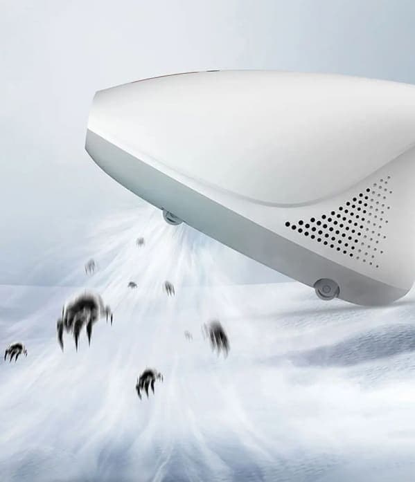 Cận cảnh máy hút bụi mạt Deerma CM800 và luồng không khí hút bụi bẩn